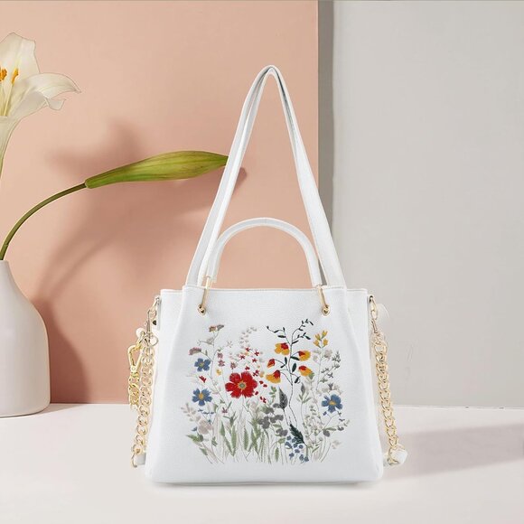 Women's White Embroidered Designer Soft Vegan Leather Top Shoulder Handle Bag - Picture 9 of 9